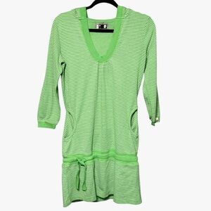 Orage Green Striped Hooded Athleisure Tie Waist Cozy Sporty Dress size Medium